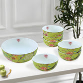 Lime Green & Vibrant Floral Porcelain Dessert Set (7-Piece)
